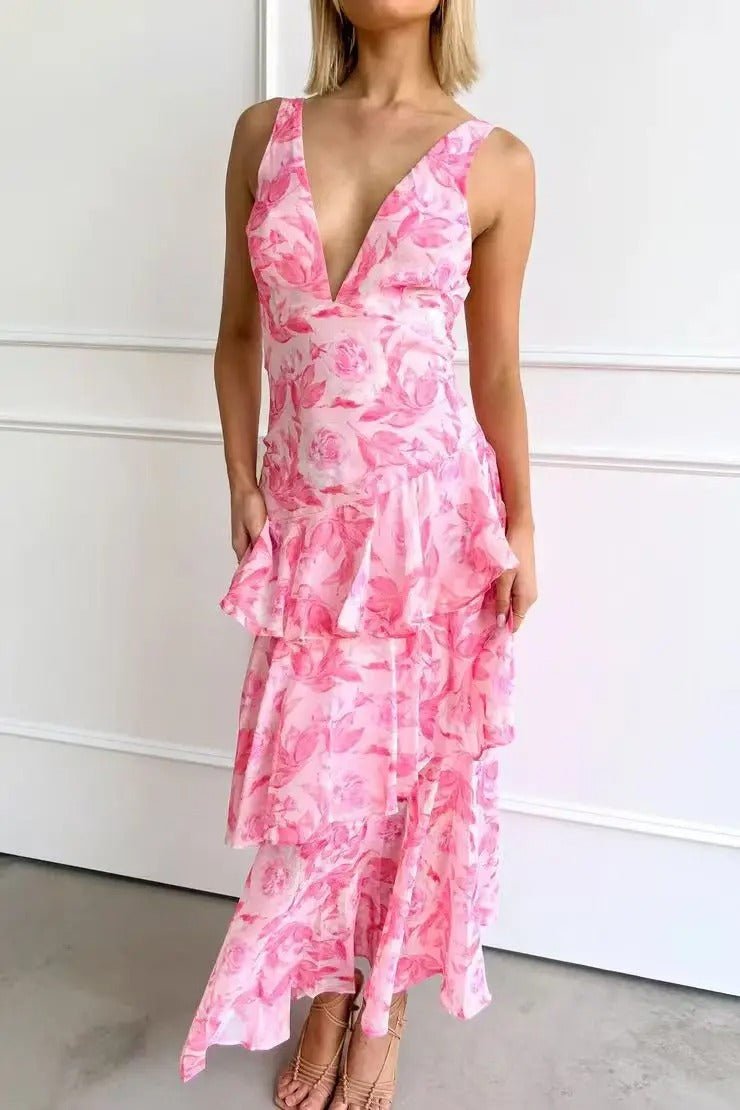 Women's Sleeveless Deep V-Neck Ruffled Tiered Maxi Dresses - Pink