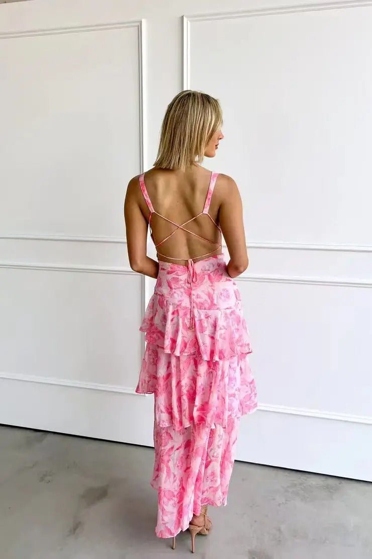 Women's Sleeveless Deep V-Neck Ruffled Tiered Maxi Dresses