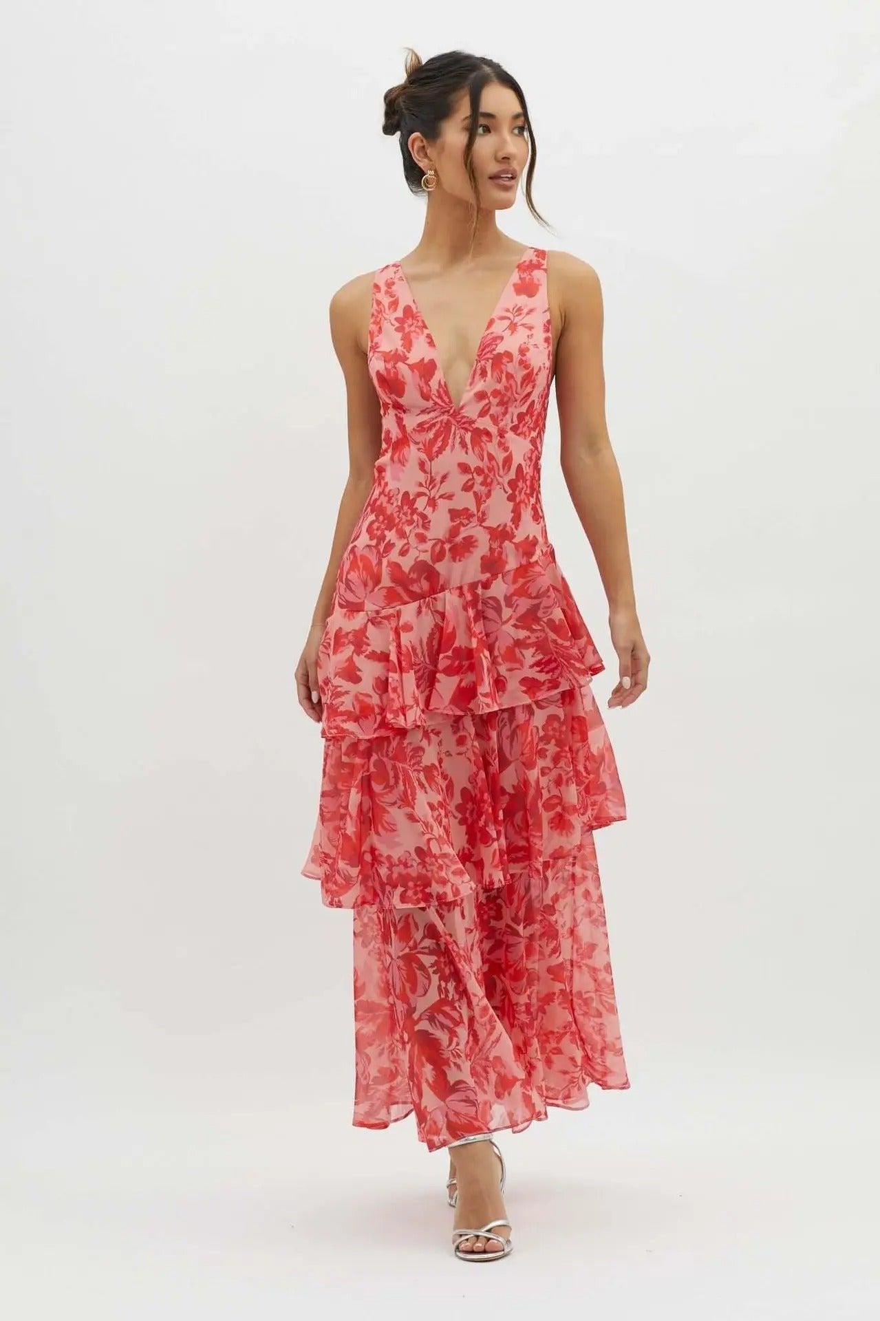 Women's Sleeveless Deep V-Neck Ruffled Tiered Maxi Dresses - Red