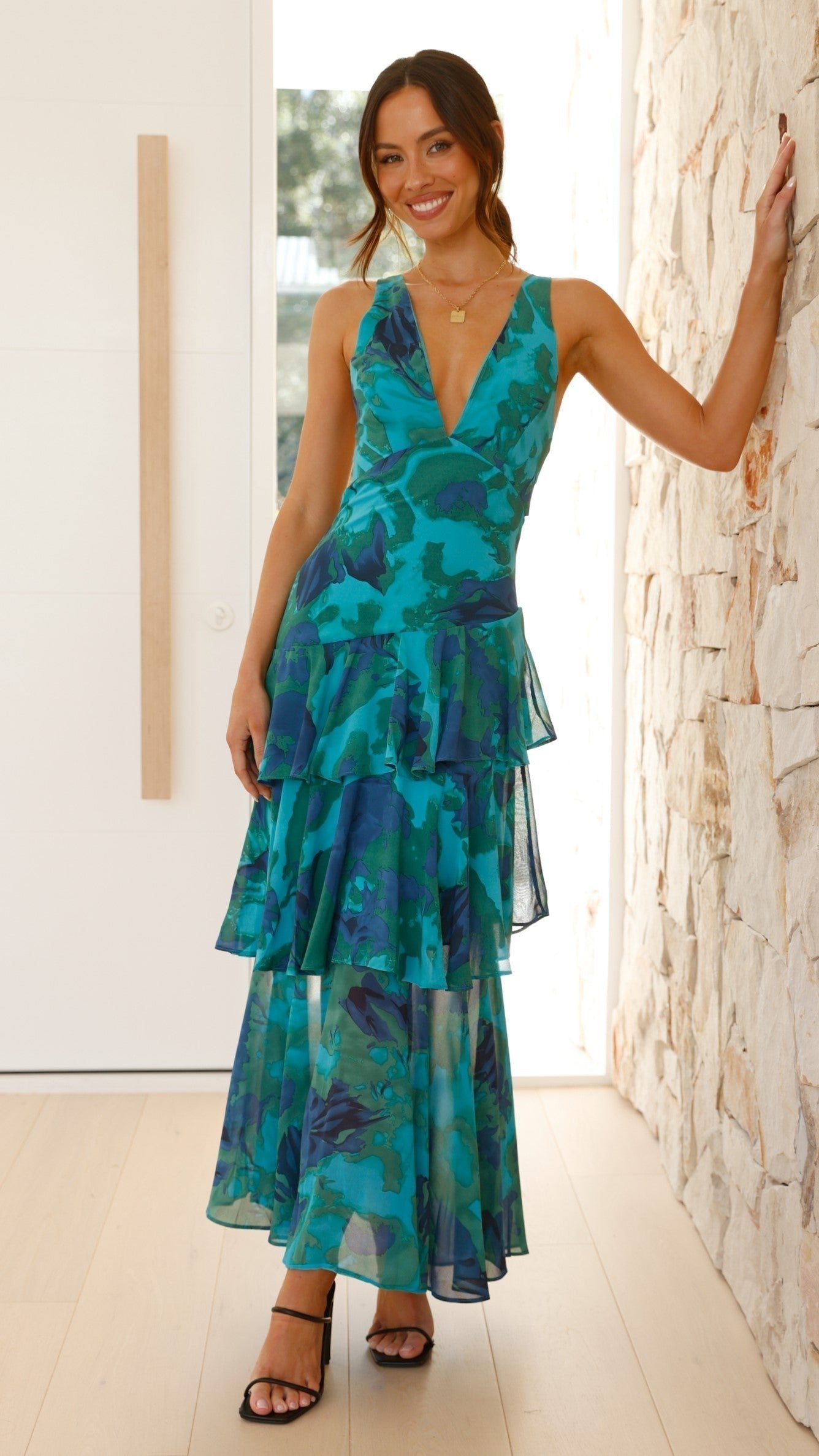 Women's Sleeveless Deep V-Neck Ruffled Tiered Maxi Dresses