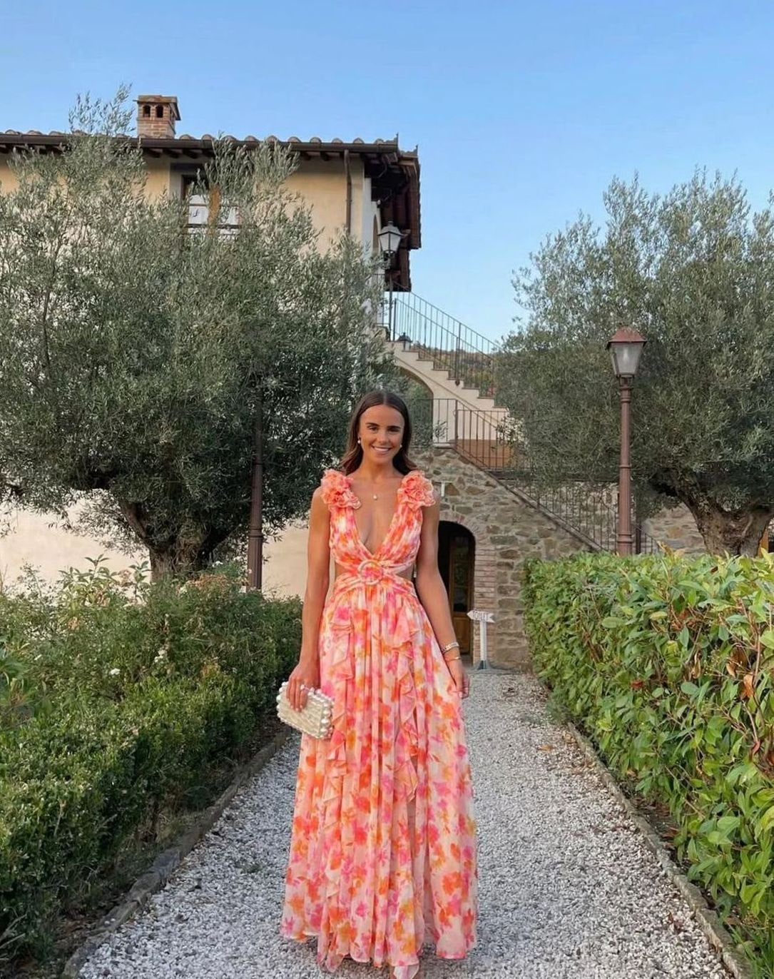 Women's Sleeveless Floral Print Deep-V Ruffle Maxi Dress - Orange