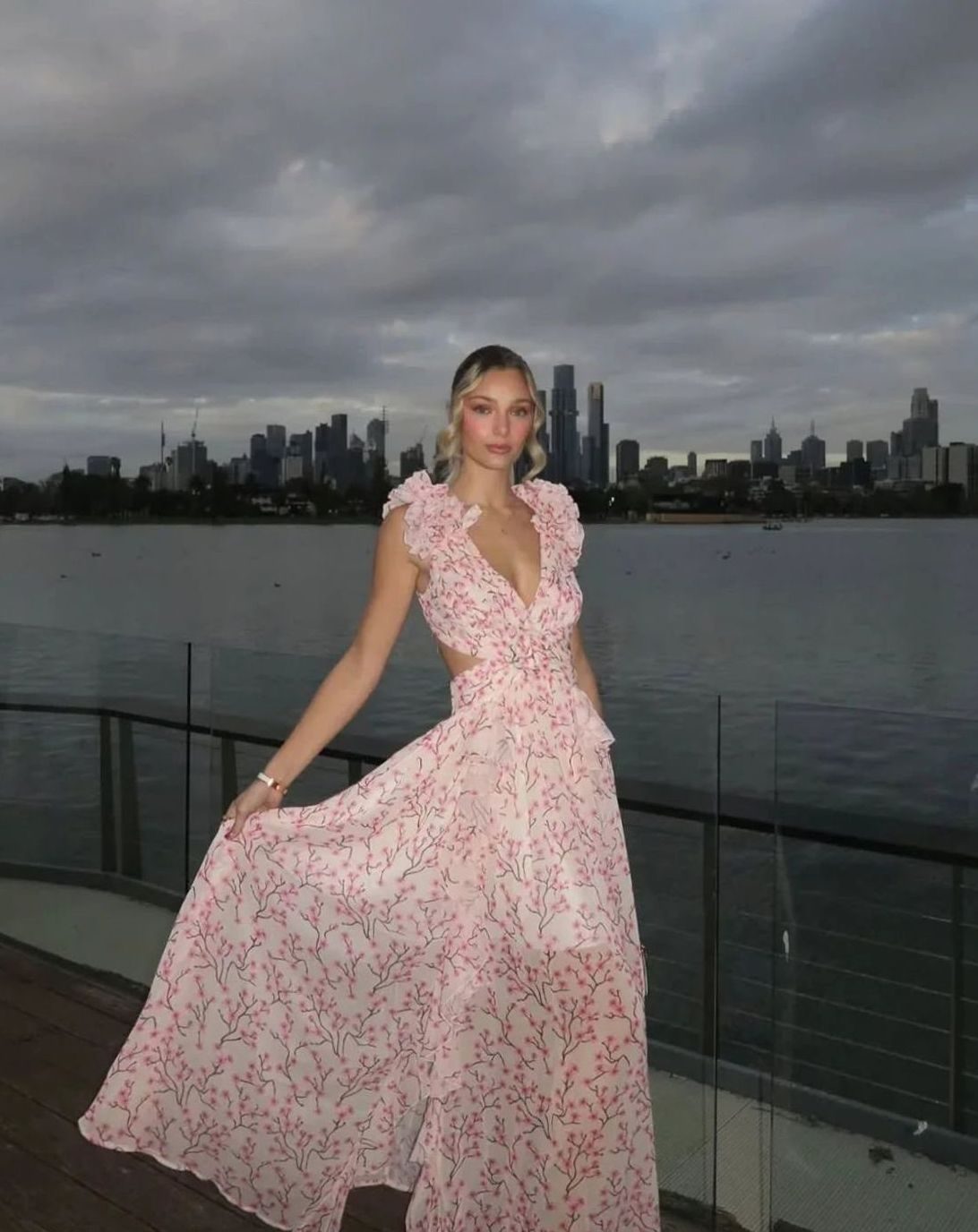 Women's Sleeveless Floral Print Deep-V Ruffle Maxi Dress