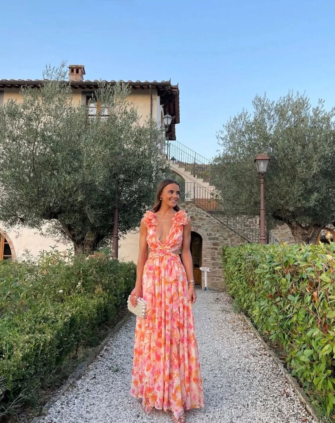 Women's Sleeveless Floral Print Deep-V Ruffle Maxi Dress