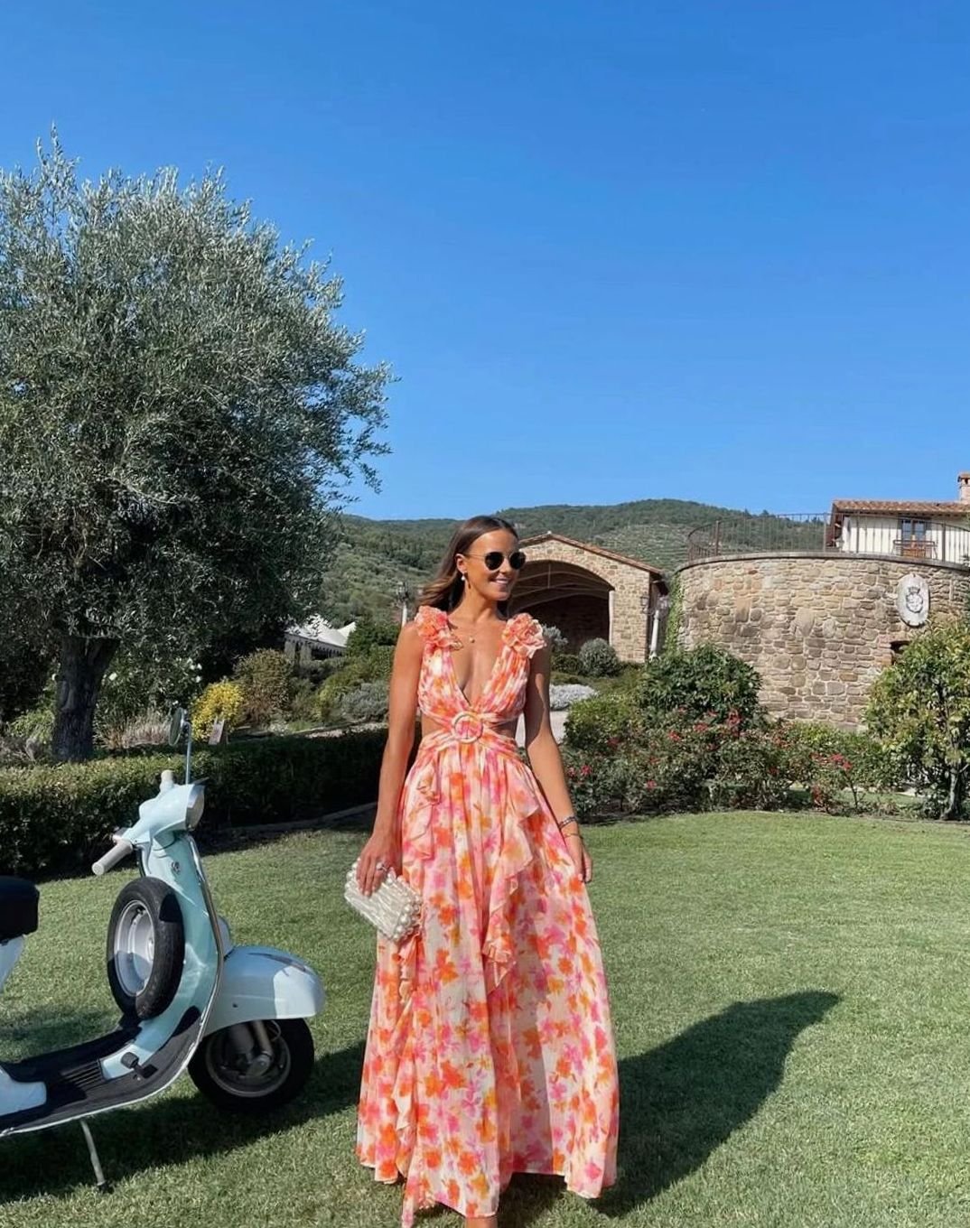 Women's Sleeveless Floral Print Deep-V Ruffle Maxi Dress
