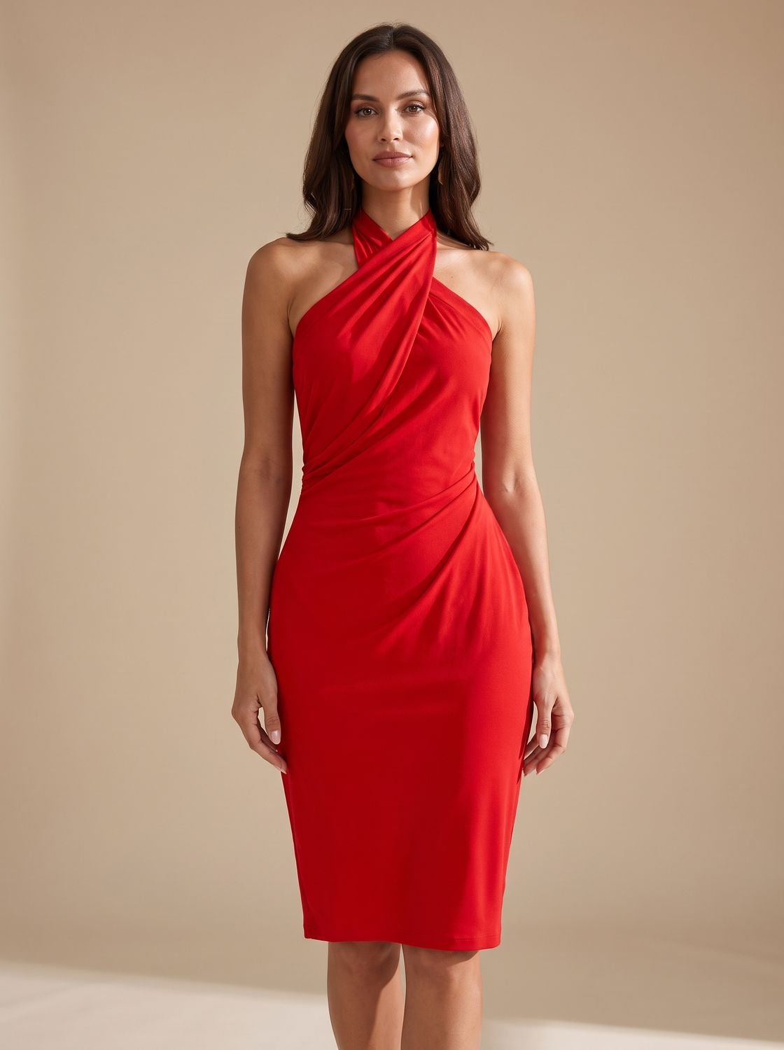 Women's Sleeveless Halter-Neck Criss-Cross Bodycon Midi Dress