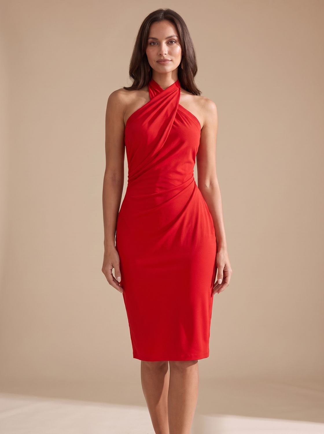 Women's Sleeveless Halter-Neck Criss-Cross Bodycon Midi Dress - Red