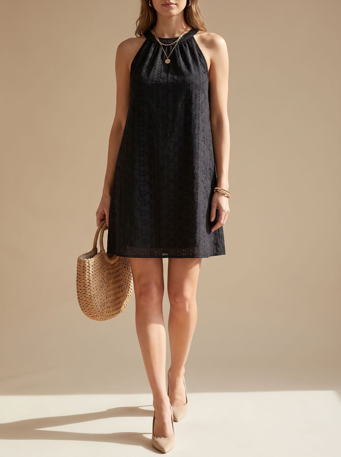 Women's Sleeveless Halterneck A-Line Eyelet Mini Dress