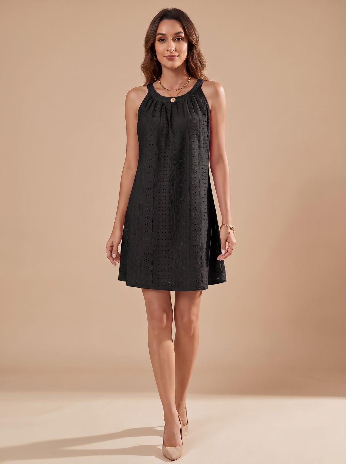 Women's Sleeveless Halterneck A-Line Eyelet Mini Dress - Black
