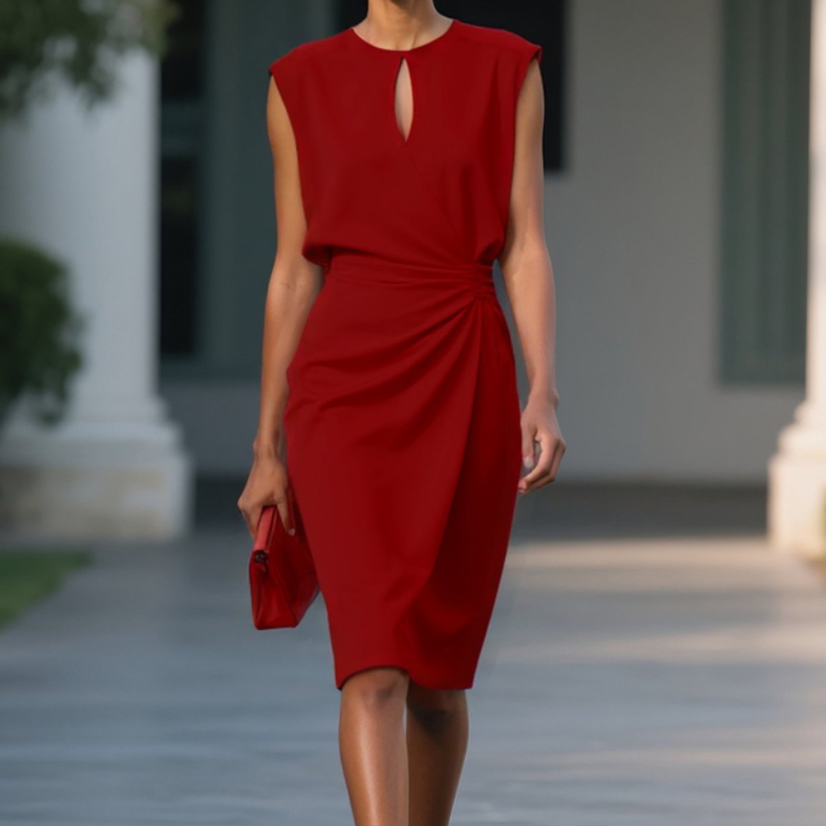 Women's Sleeveless Keyhole-Neck Ruched Waist Midi Dress - Red