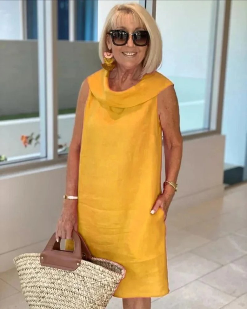 Women's Sleeveless Linen Shift Dress with Wide Neckline - Yellow