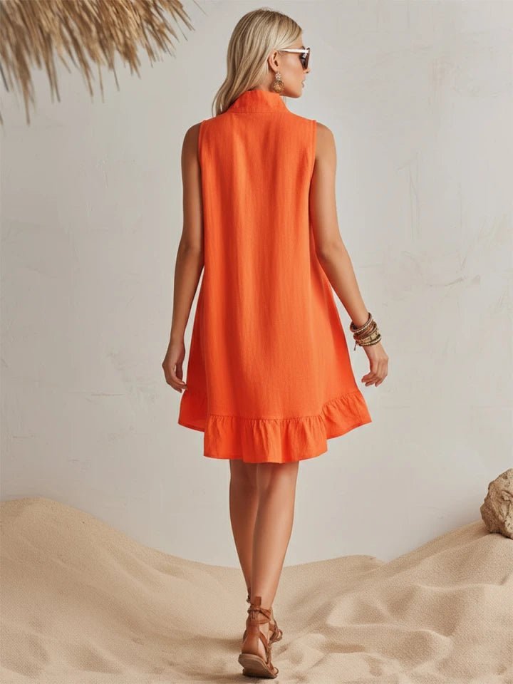 Women's Sleeveless Linen Stand-Collar Zip-Front Ruffle Mini Dress
