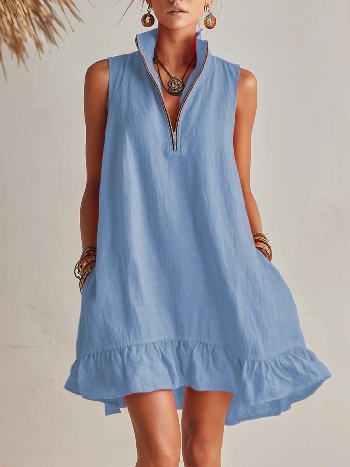 Women's Sleeveless Linen Stand-Collar Zip-Front Ruffle Mini Dress - Blau
