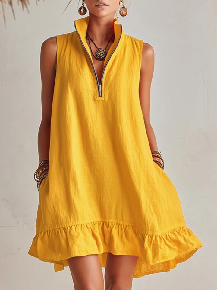 Women's Sleeveless Linen Stand-Collar Zip-Front Ruffle Mini Dress - Gelb