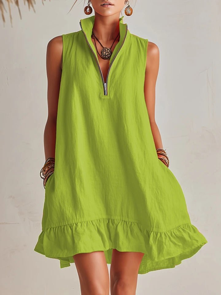 Women's Sleeveless Linen Stand-Collar Zip-Front Ruffle Mini Dress - Grün