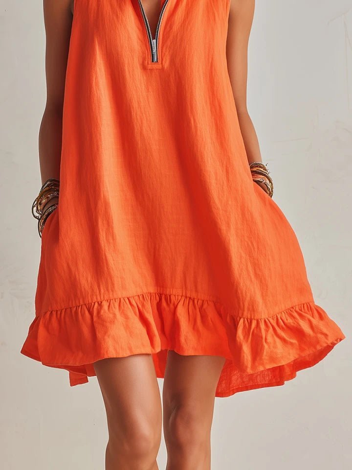 Women's Sleeveless Linen Stand-Collar Zip-Front Ruffle Mini Dress