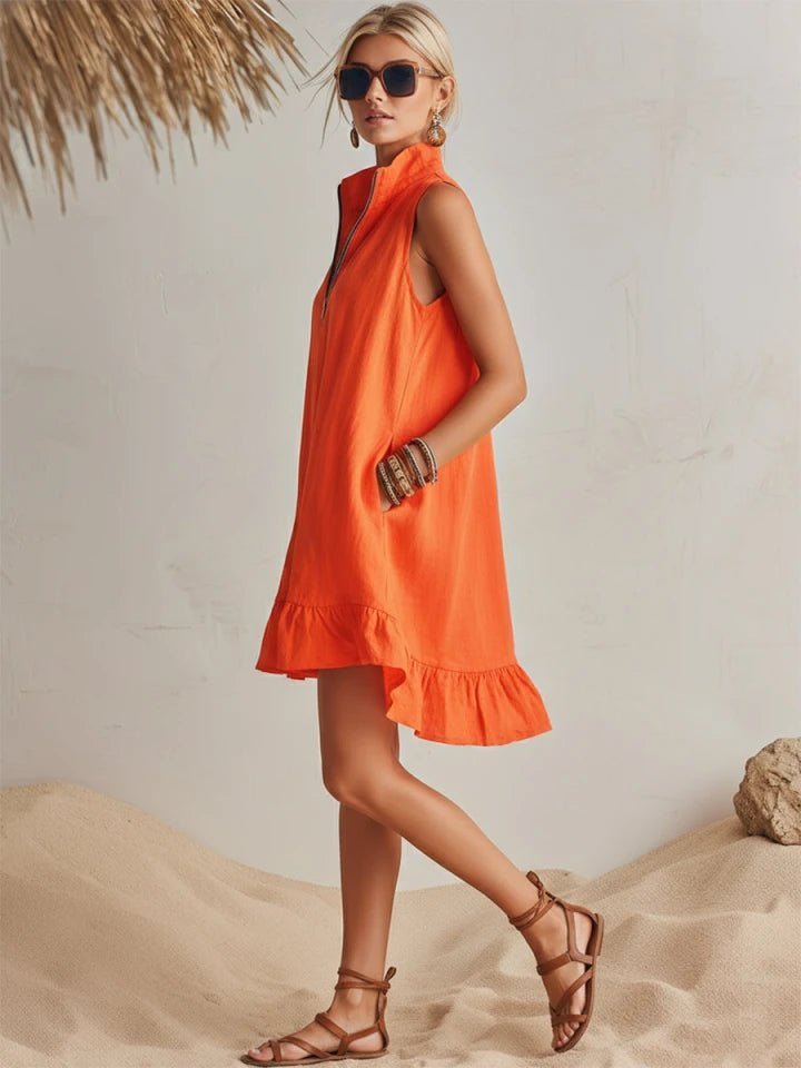 Women's Sleeveless Linen Stand-Collar Zip-Front Ruffle Mini Dress