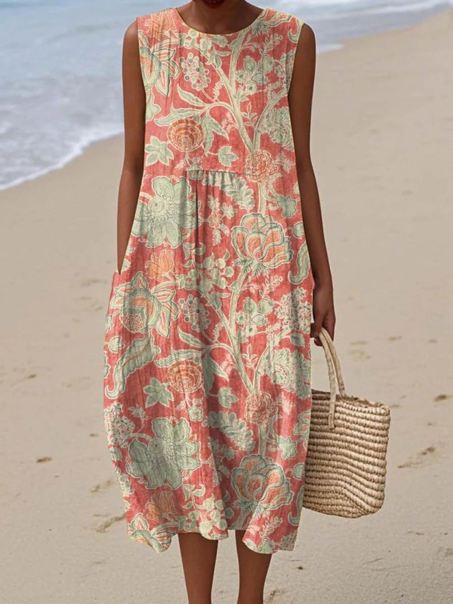 Women's Sleeveless Relaxed-Fit Floral Summer Dress Midi