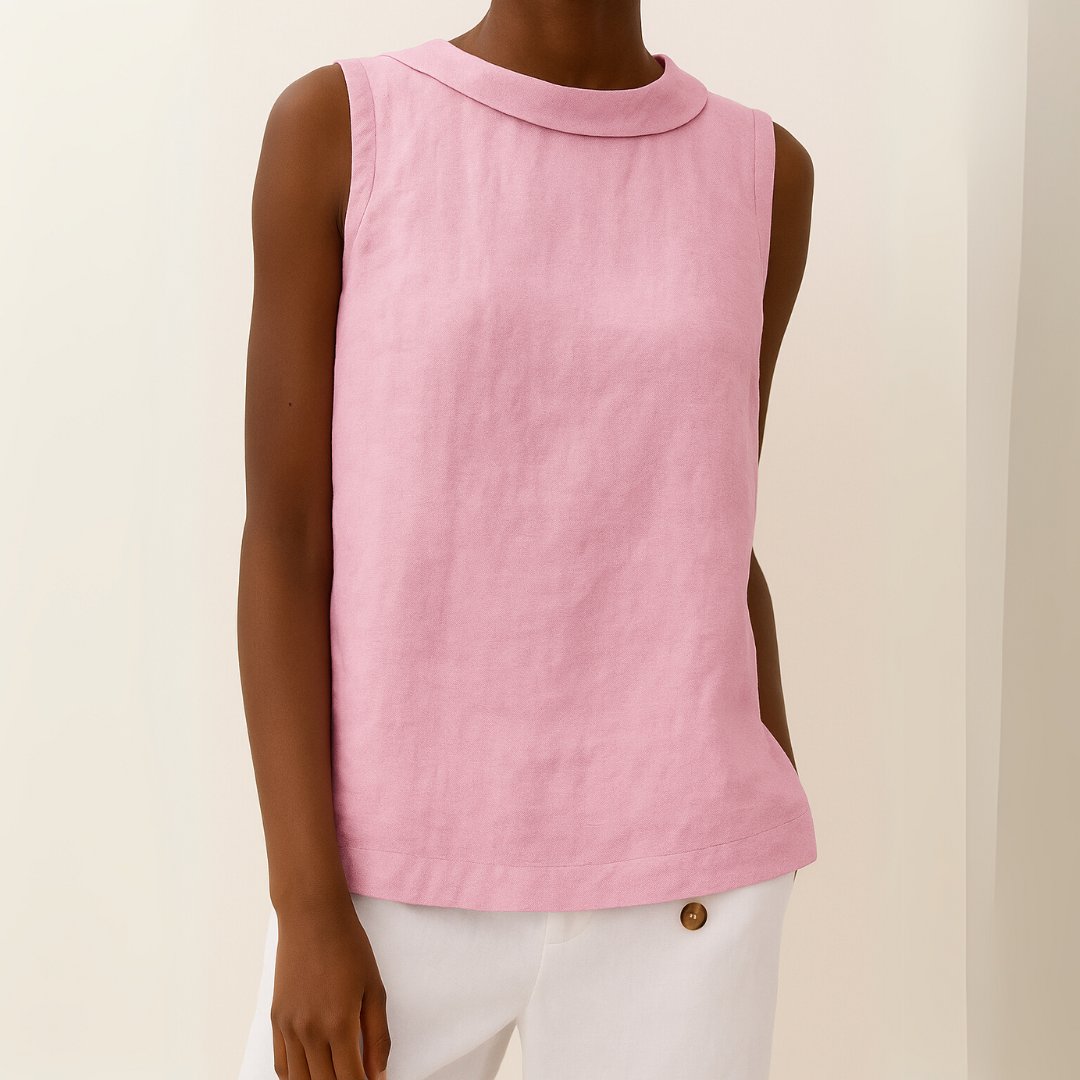 Women's Sleeveless Roll Neck Linen Blouse - Pink