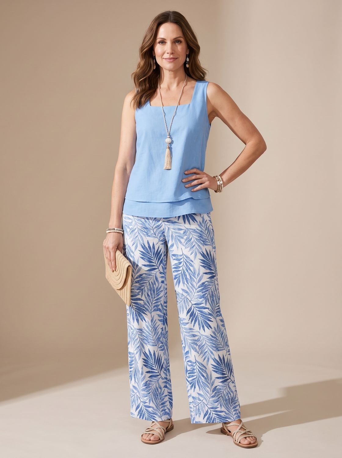 Women's Sleeveless Square-Neck Loose-Fit Floral 2-Piece Set - Blue