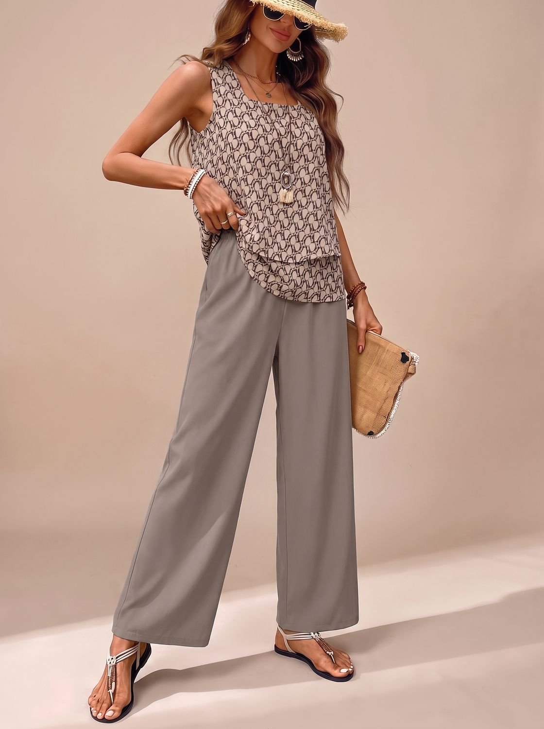 Women's Sleeveless Square-Neck Loose-Fit Floral 2-Piece Set - Khaki