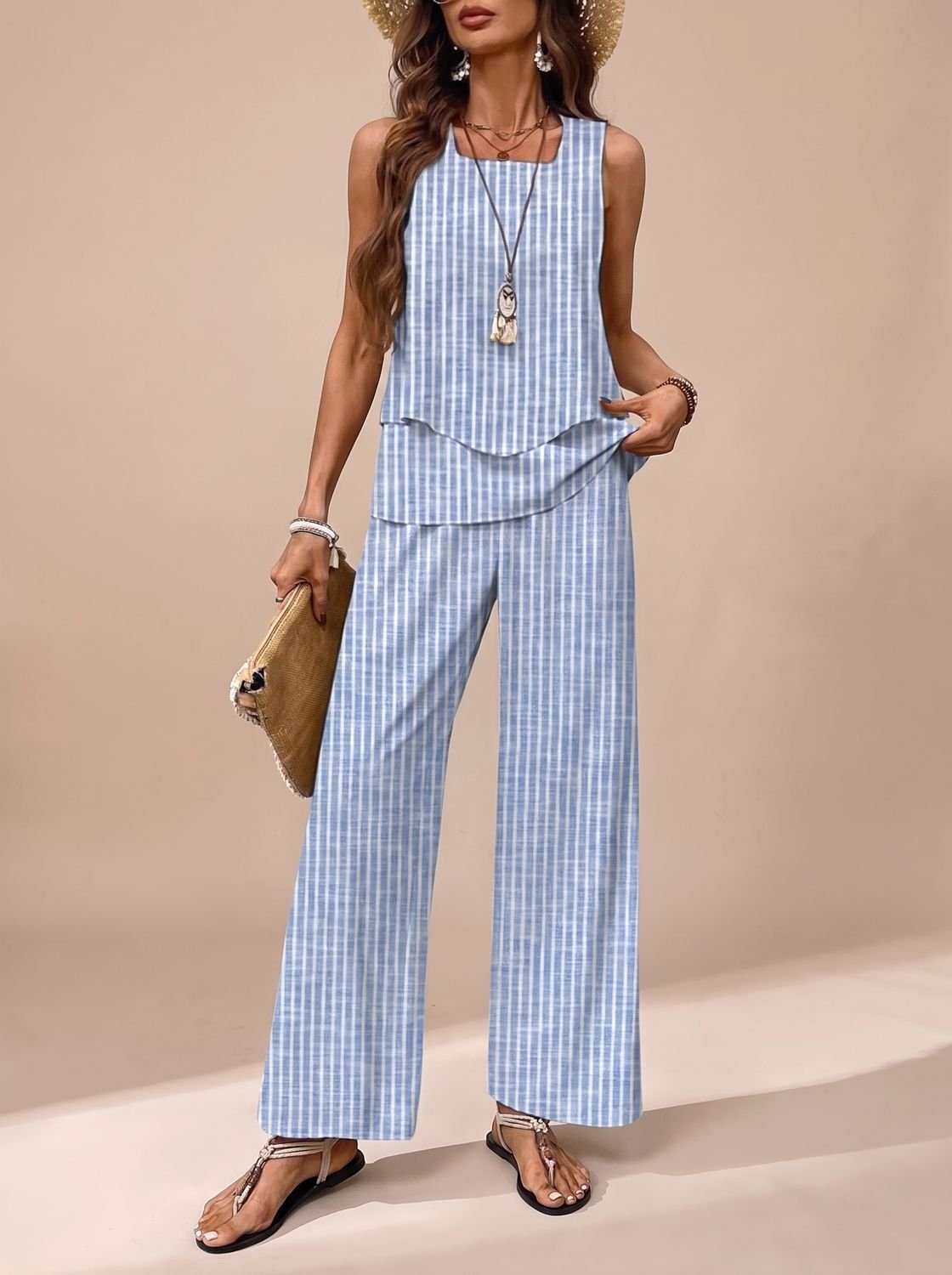 Women's Sleeveless Square-Neck Loose-Fit Floral 2-Piece Set - Blue Stripes
