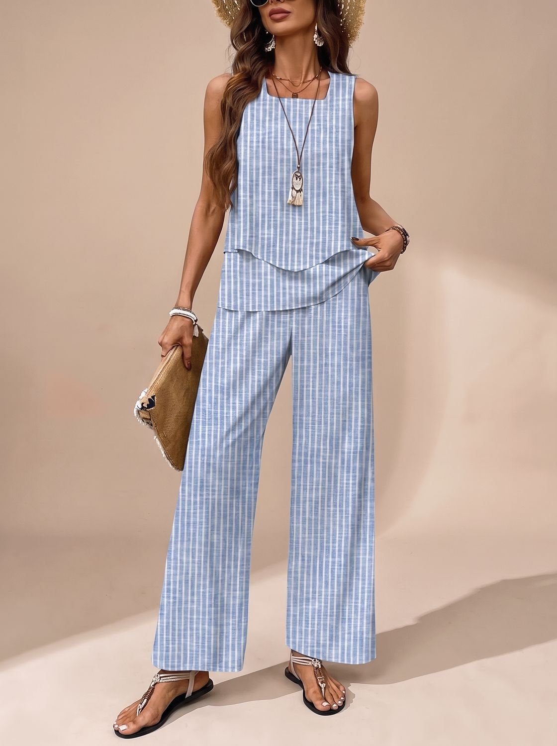 Women's Sleeveless Square-Neck Loose-Fit Floral 2-Piece Set, Light Blue - Blue Stripes