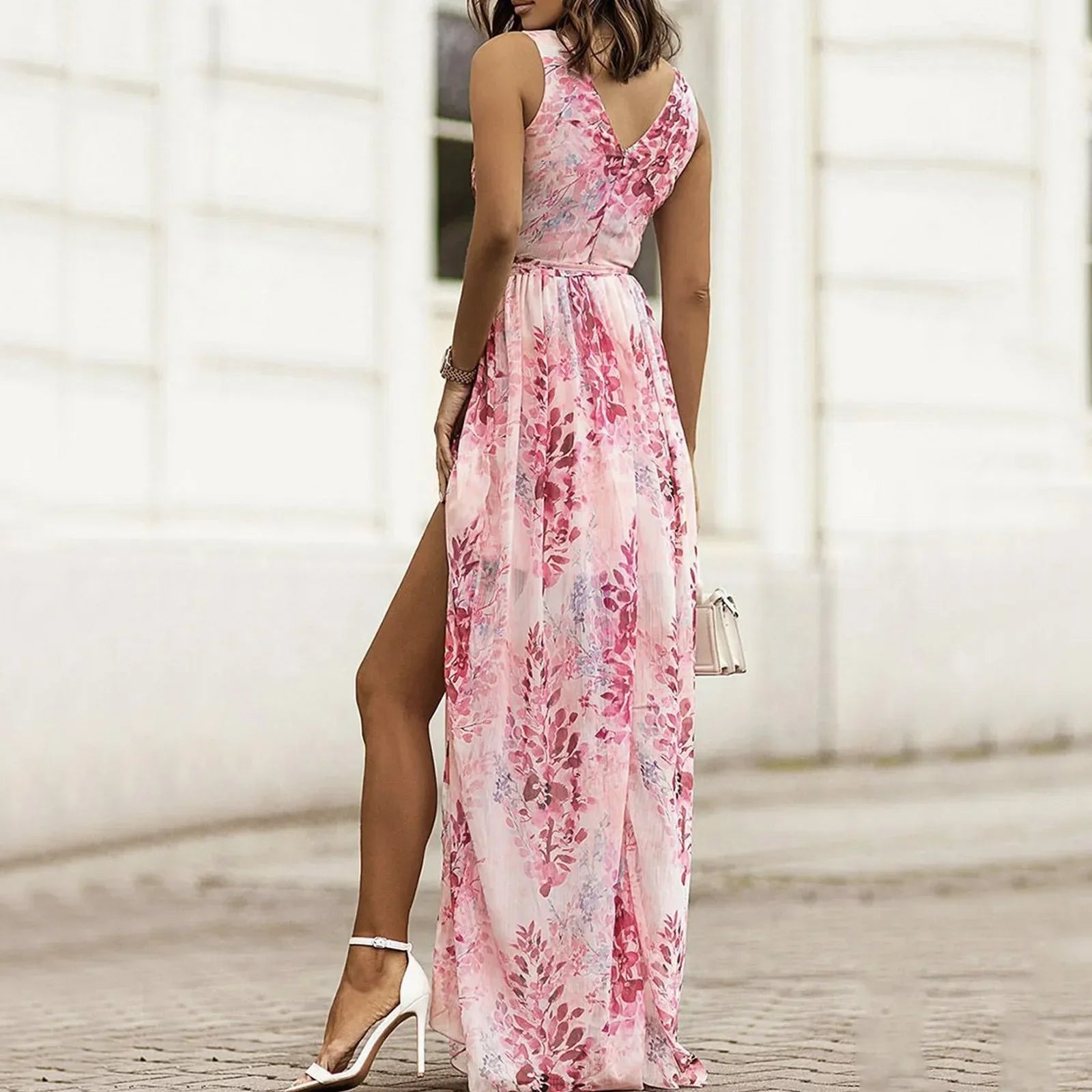 Women's Sleeveless V-Neck Wrap Floral Maxi Dresses Side Slit - Red