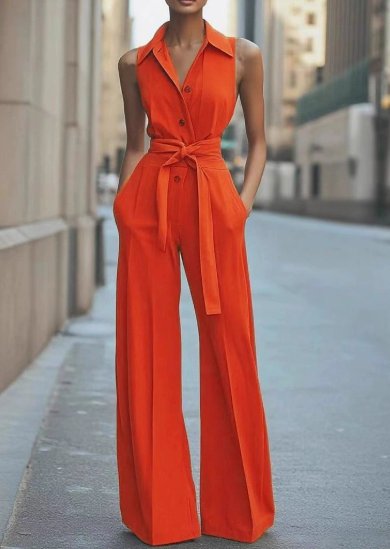Women's Sleeveless Wide-Leg Button-Front Belted Jumpsuit - Orange