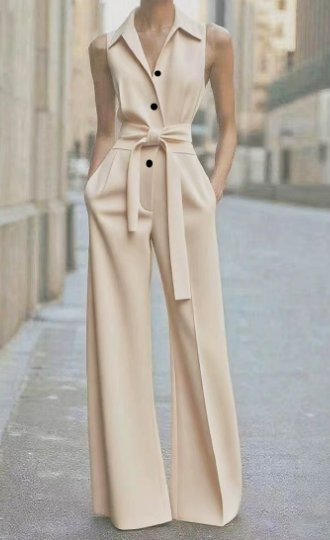 Women's Sleeveless Wide-Leg Button-Front Belted Jumpsuit - Beige