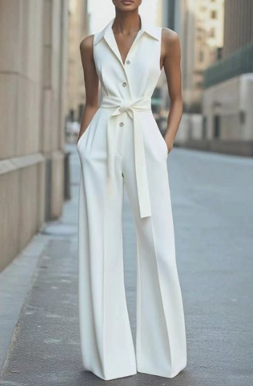 Women's Sleeveless Wide-Leg Button-Front Belted Jumpsuit - White