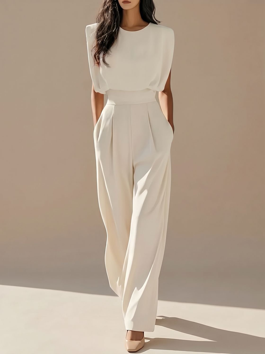 Women's Sleeveless Wide-Leg Structured Shoulder Jumpsuit - Beige