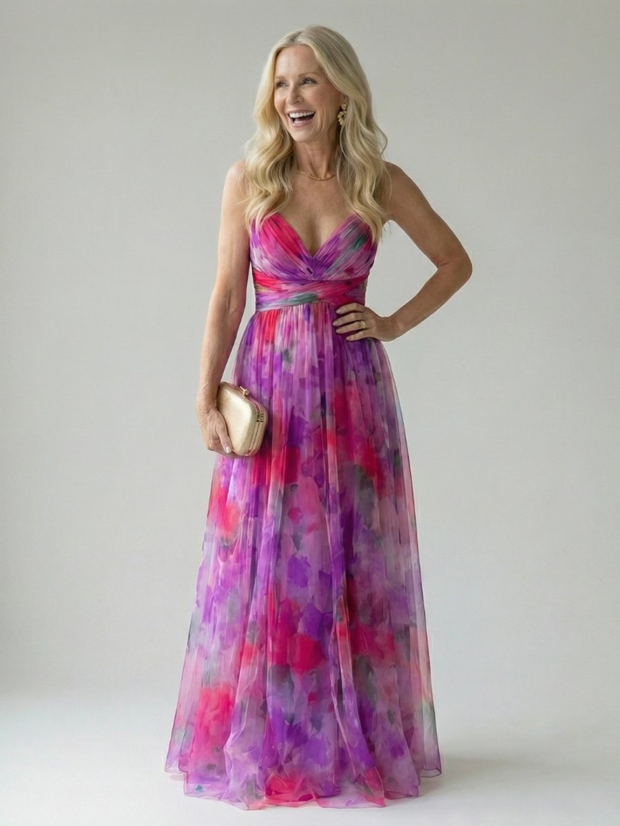 Women's Sleeveless Wrap V-Neck Floral Summer Dress Maxi - Pink