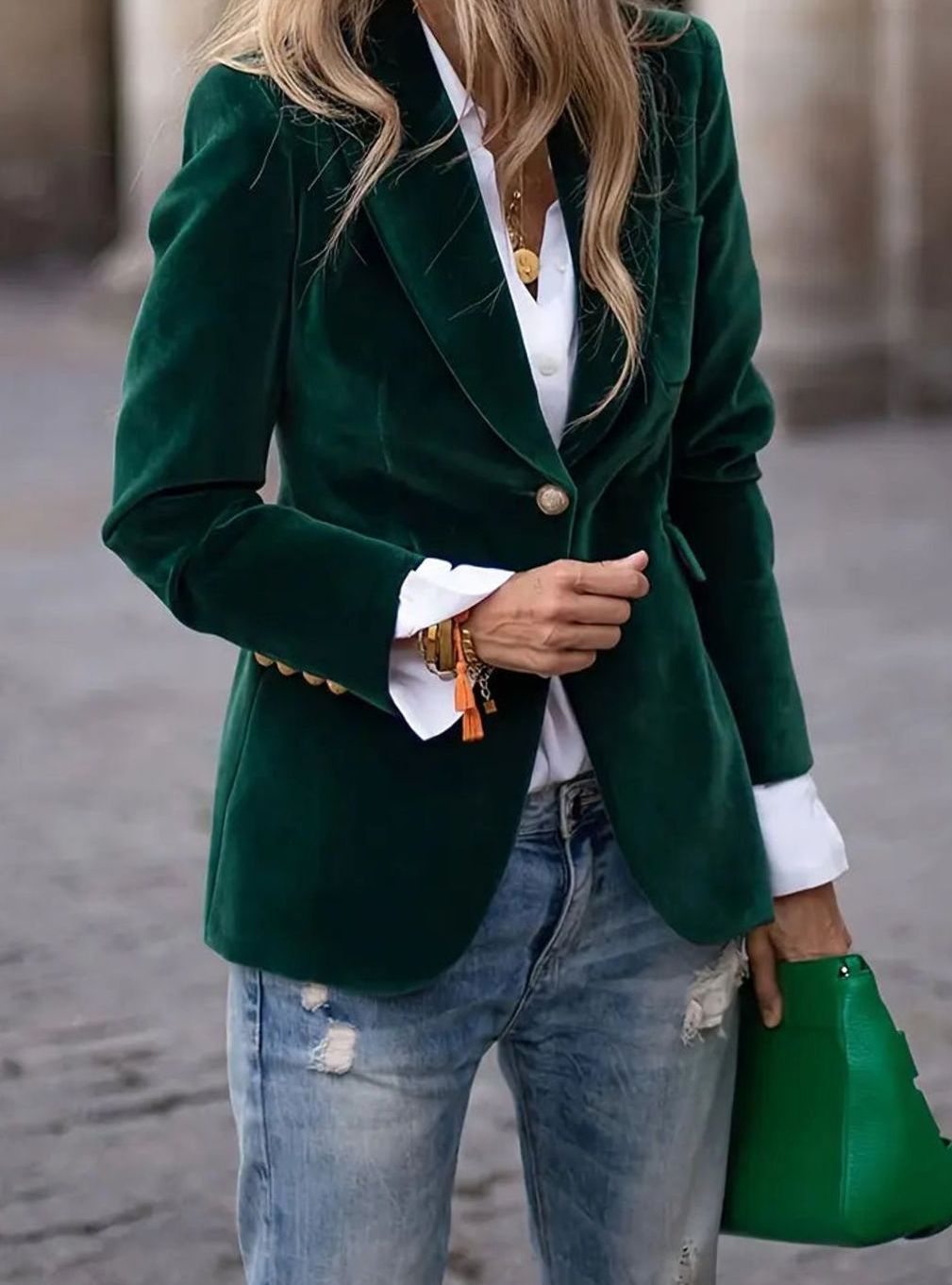Women's Slim-Fit Velvet Gold-Button Structured Blazer - Green