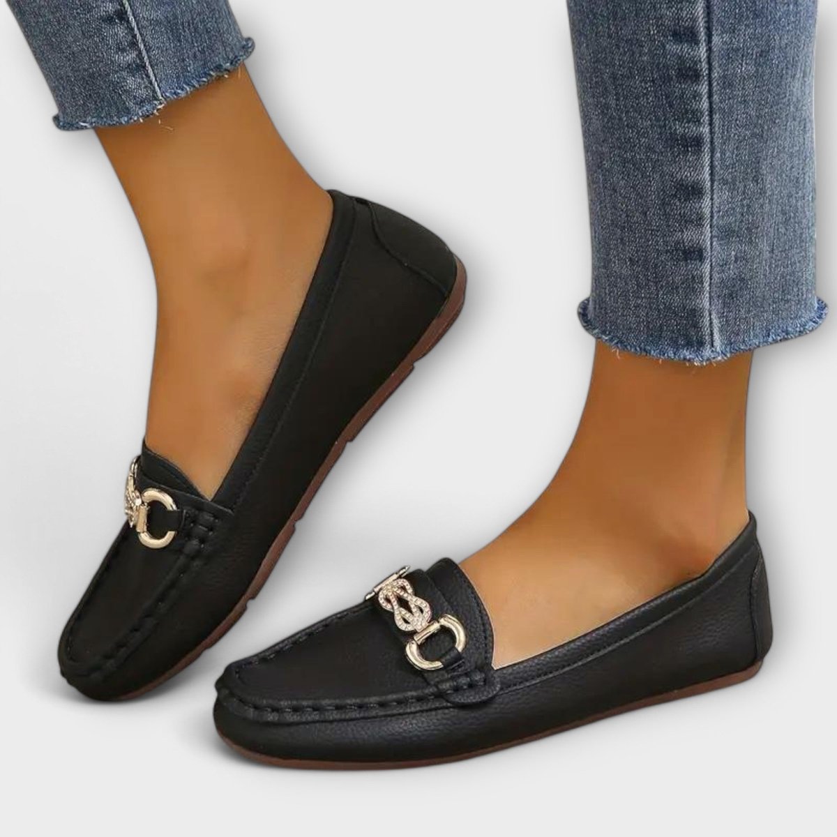 Women's Slip-On Flat Loafers Gold Chain Detail - Black