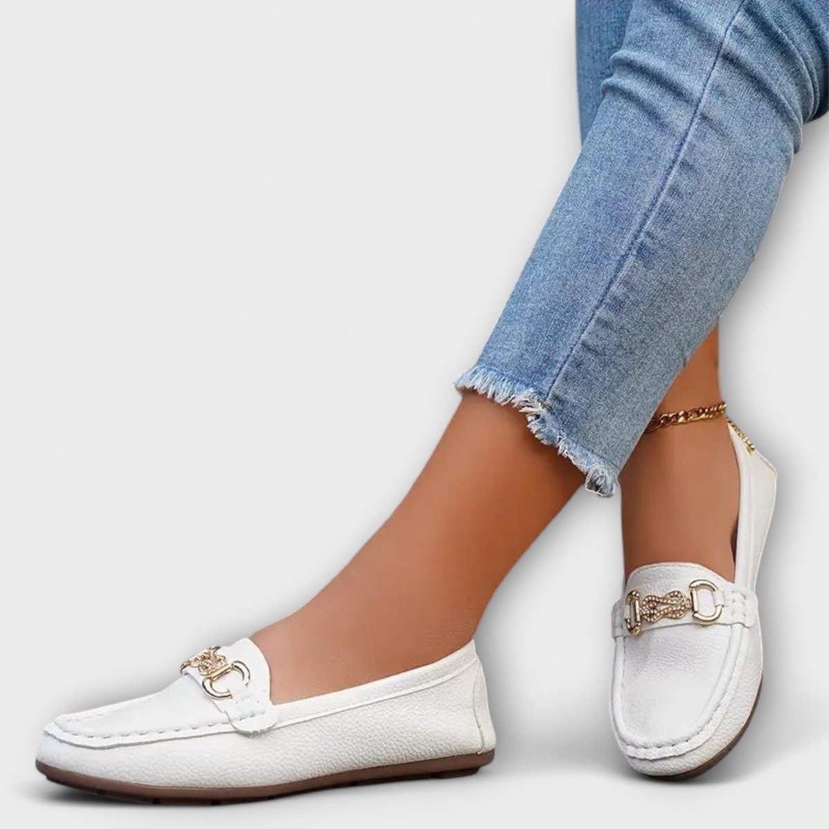 Women's Slip-On Flat Loafers Gold Chain Detail - White
