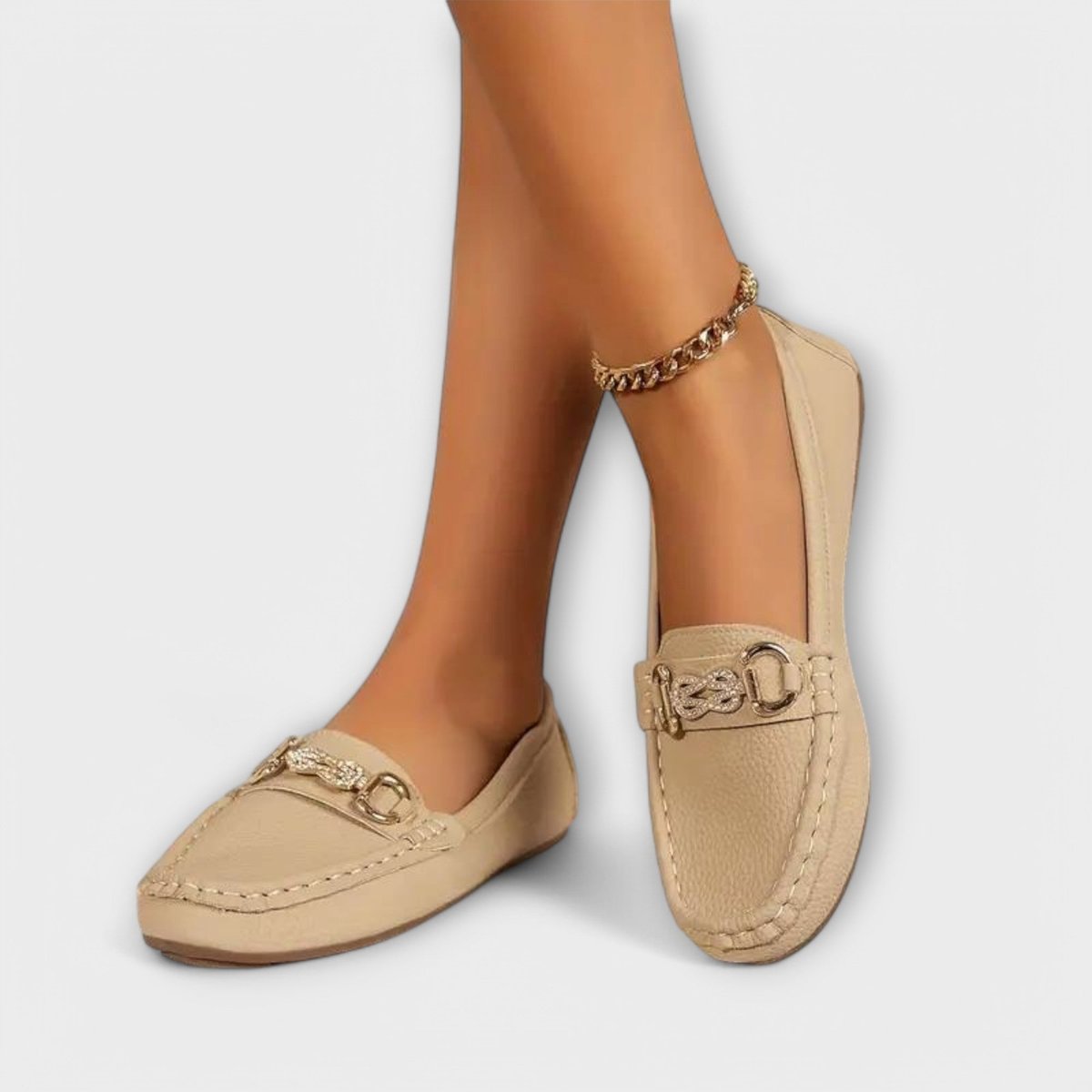 Women's Slip-On Flat Loafers Gold Chain Detail - Khaki