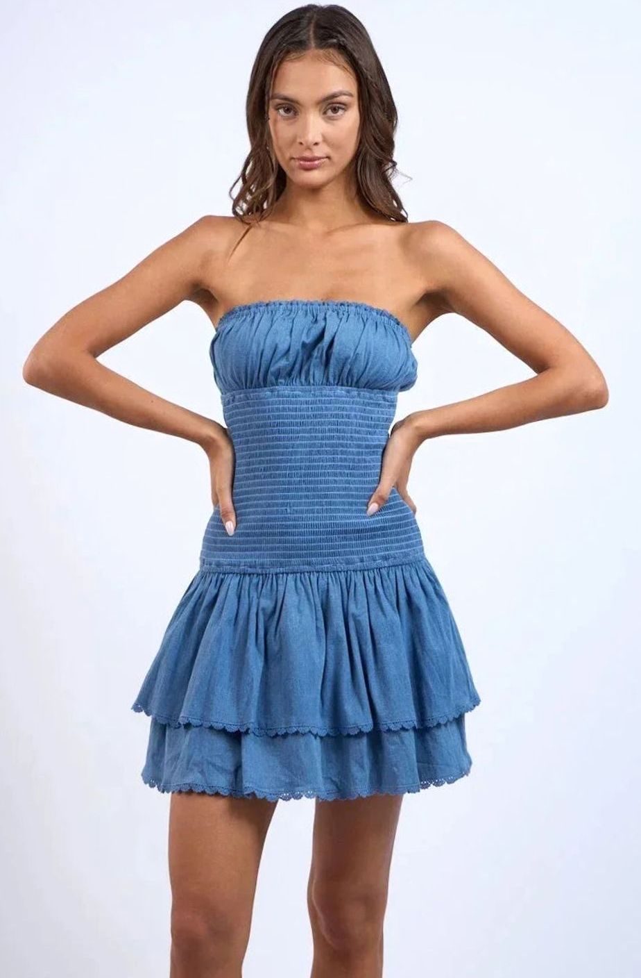 Women's Smocked Bustier Tiered-Ruffle Strapless Mini Dress - Denim Blue