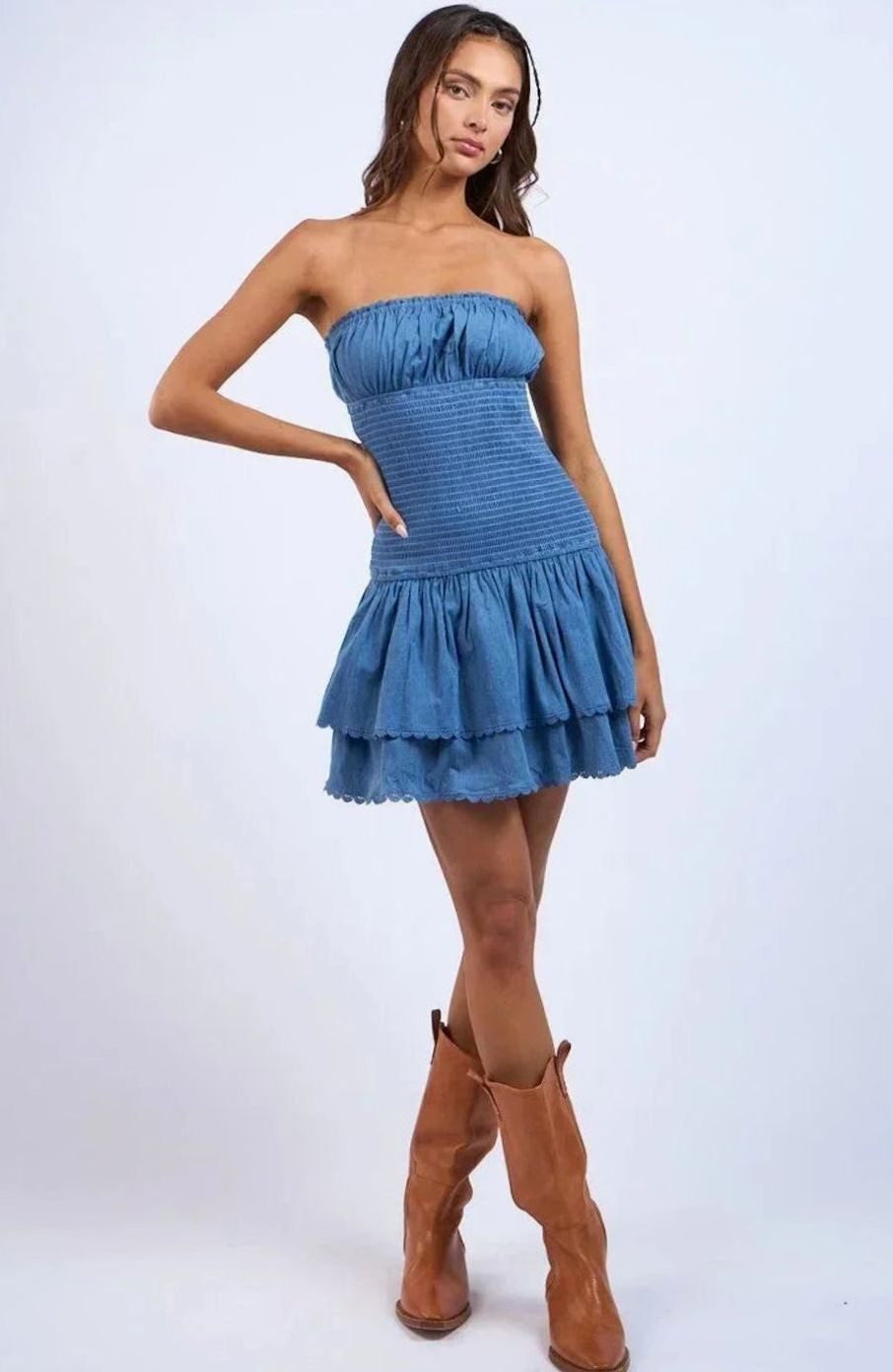 Women's Smocked Bustier Tiered-Ruffle Strapless Mini Dress