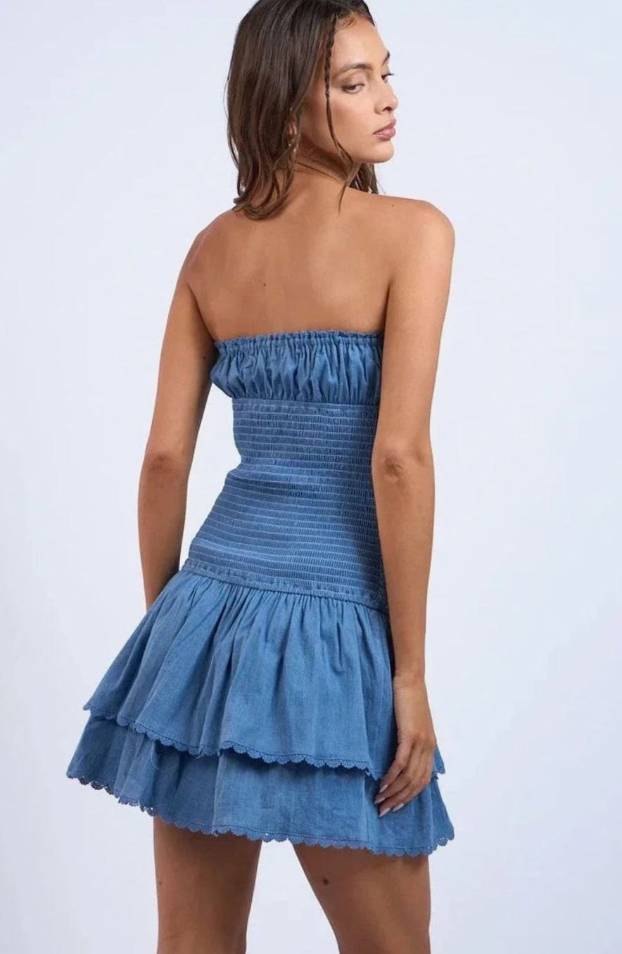 Women's Smocked Bustier Tiered-Ruffle Strapless Mini Dress