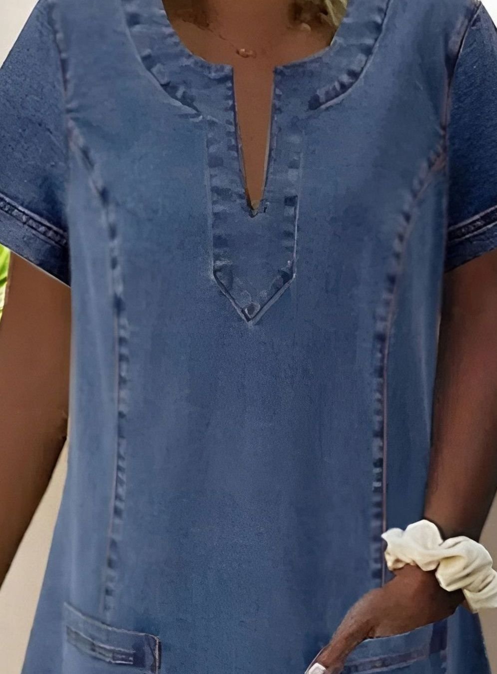 Women's Soft Denim V-Neck Short-Sleeve Mini Dress Pockets