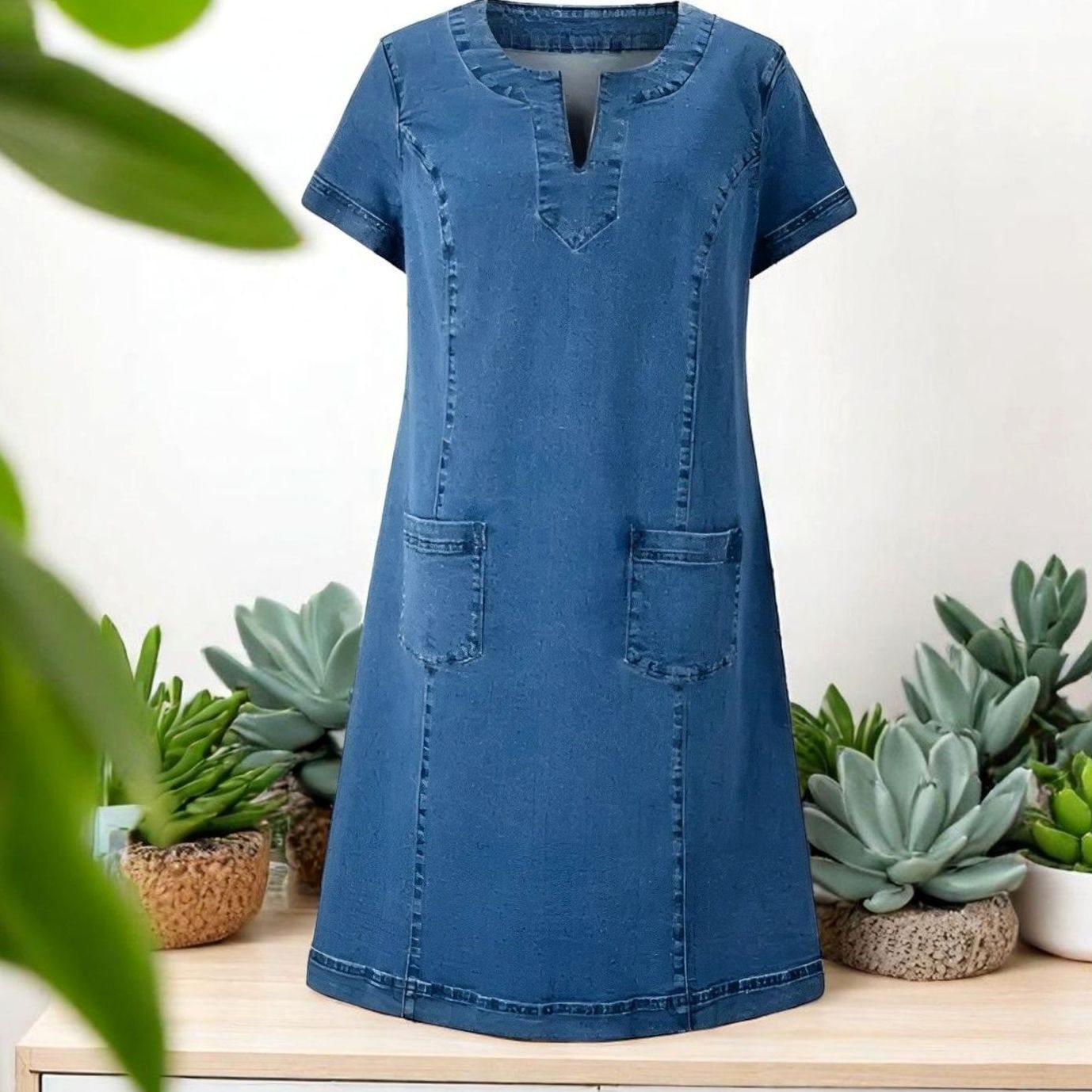 Women's Soft Denim V-Neck Short-Sleeve Mini Dress Pockets