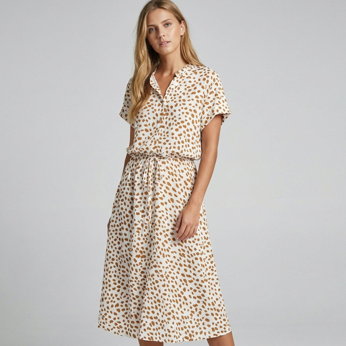 Women's Spotted Print Short-Sleeve Midi Shirt Dress - Brown