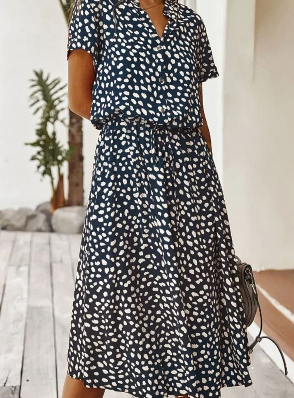 Women's Spotted Print Short-Sleeve Midi Shirt Dress - Navy Blue