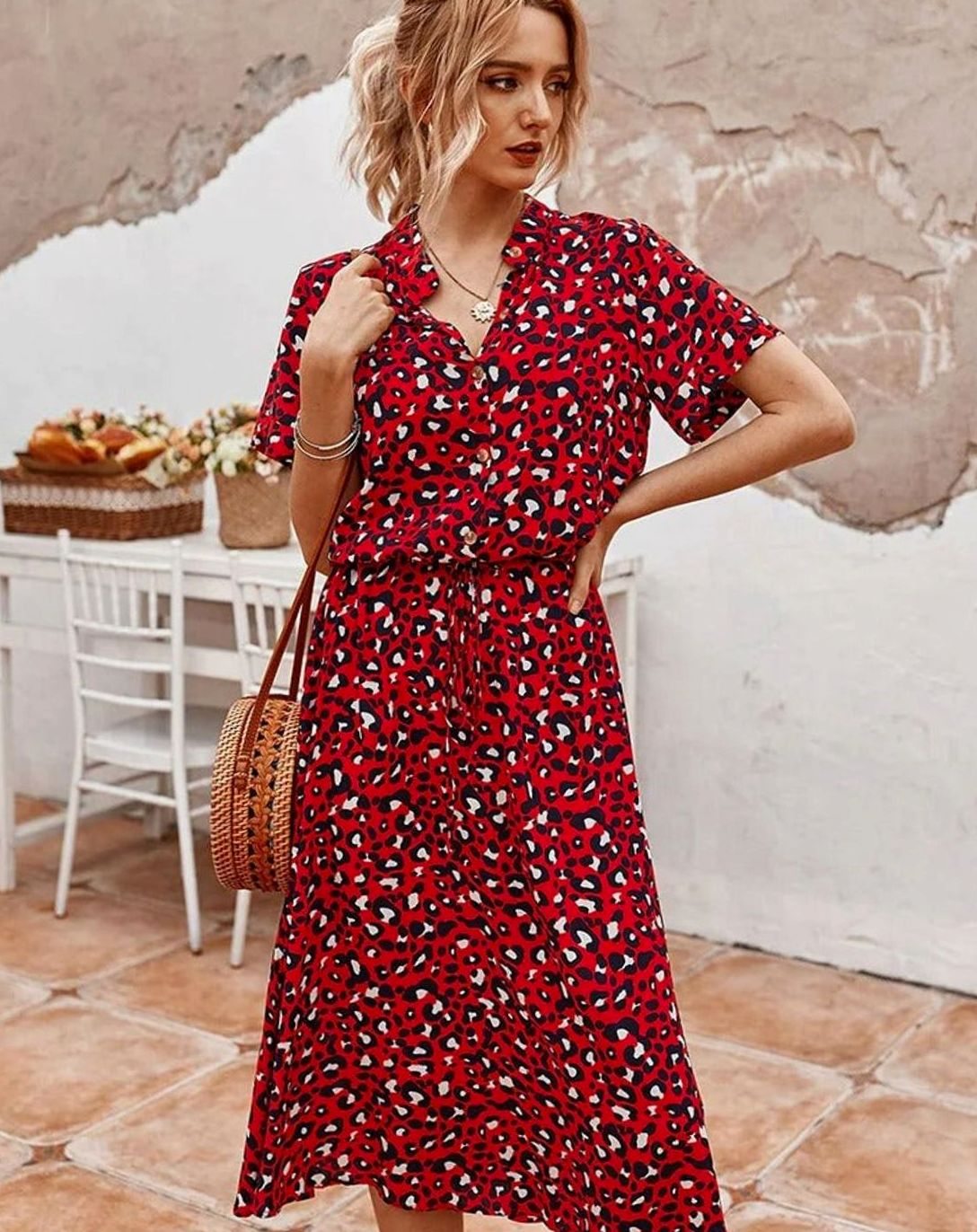 Women's Spotted Print Short-Sleeve Midi Shirt Dress - Red