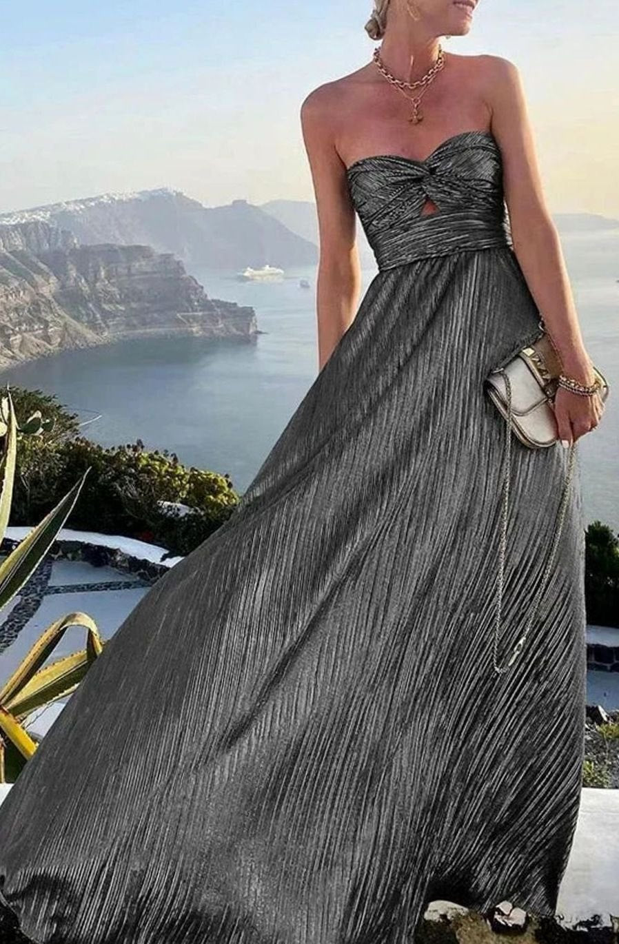 Women's Strapless Bustier Pleated Shimmer Wedding Guest Dress