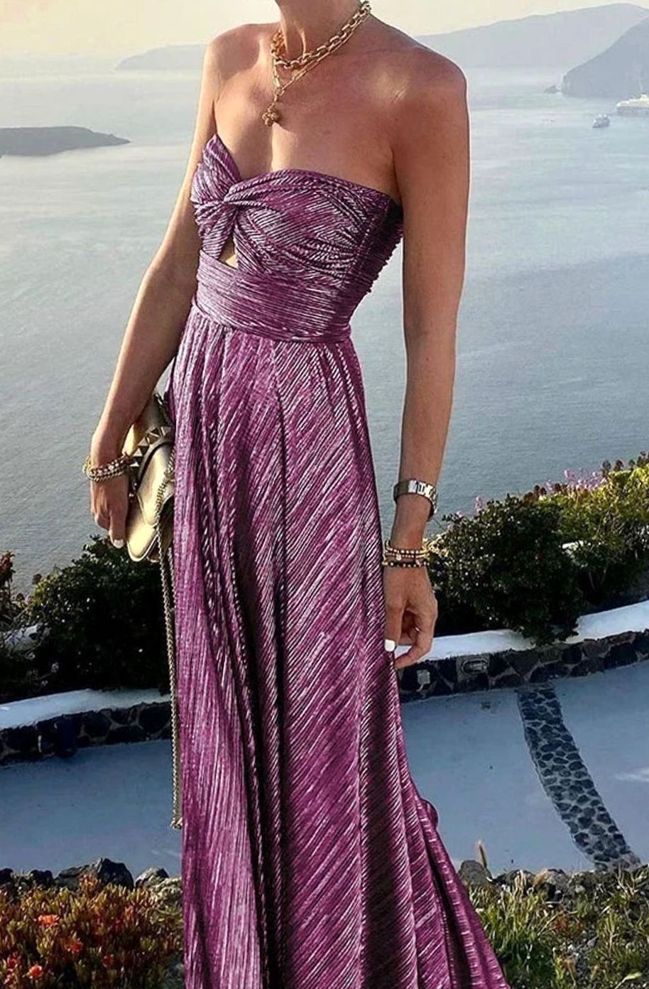 Women's Strapless Bustier Pleated Shimmer Wedding Guest Dress - Purple