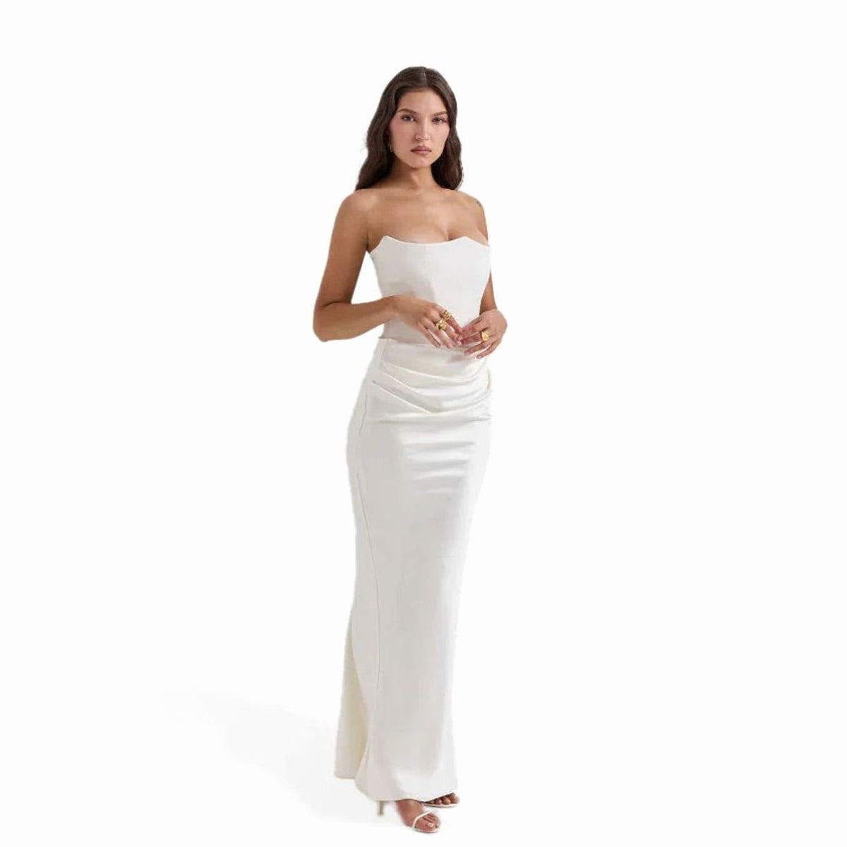 Women's Strapless Draped Corset Maxi Wedding Guest Dress, Pink