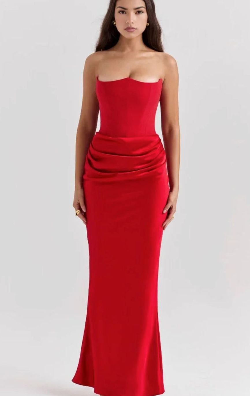 Women's Strapless Draped Satin Maxi Wedding Guest Dress