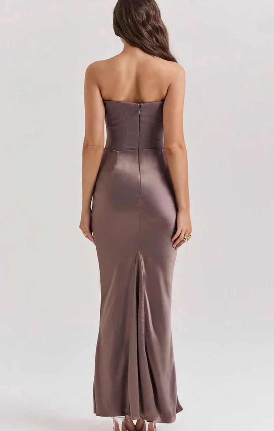Women's Strapless Draped Satin Maxi Wedding Guest Dress