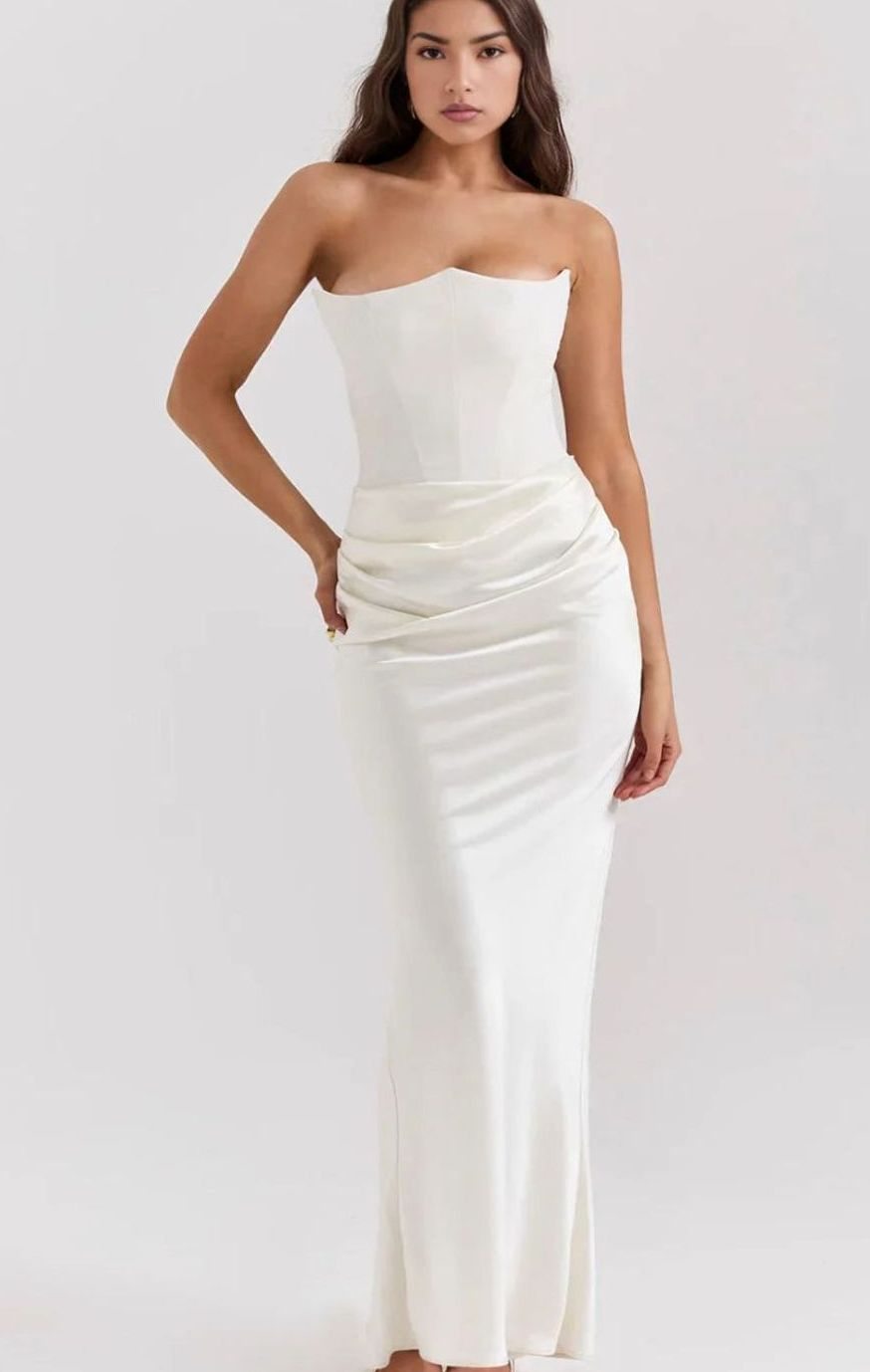 Women's Strapless Draped Satin Maxi Wedding Guest Dress - White